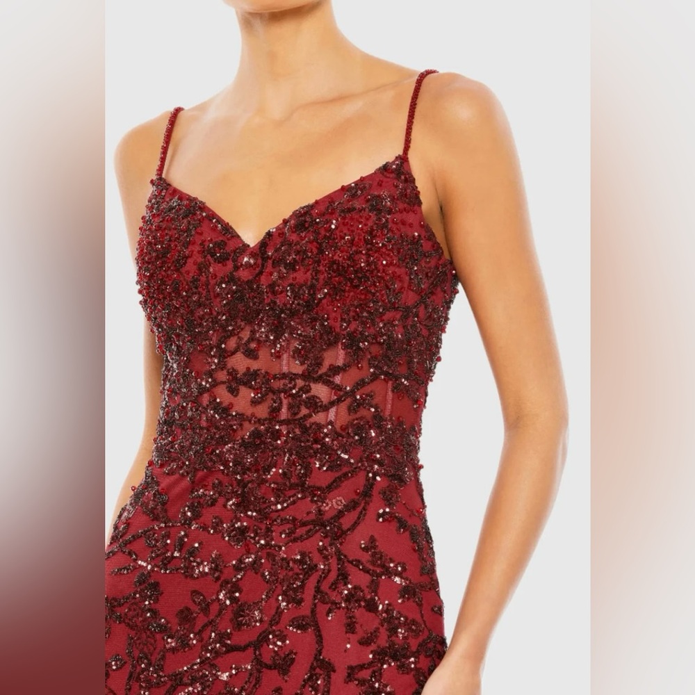 Mac Duggal Red Sequined Illusion Corset Trumpet Gown Size 4 - Picture 3 of 15